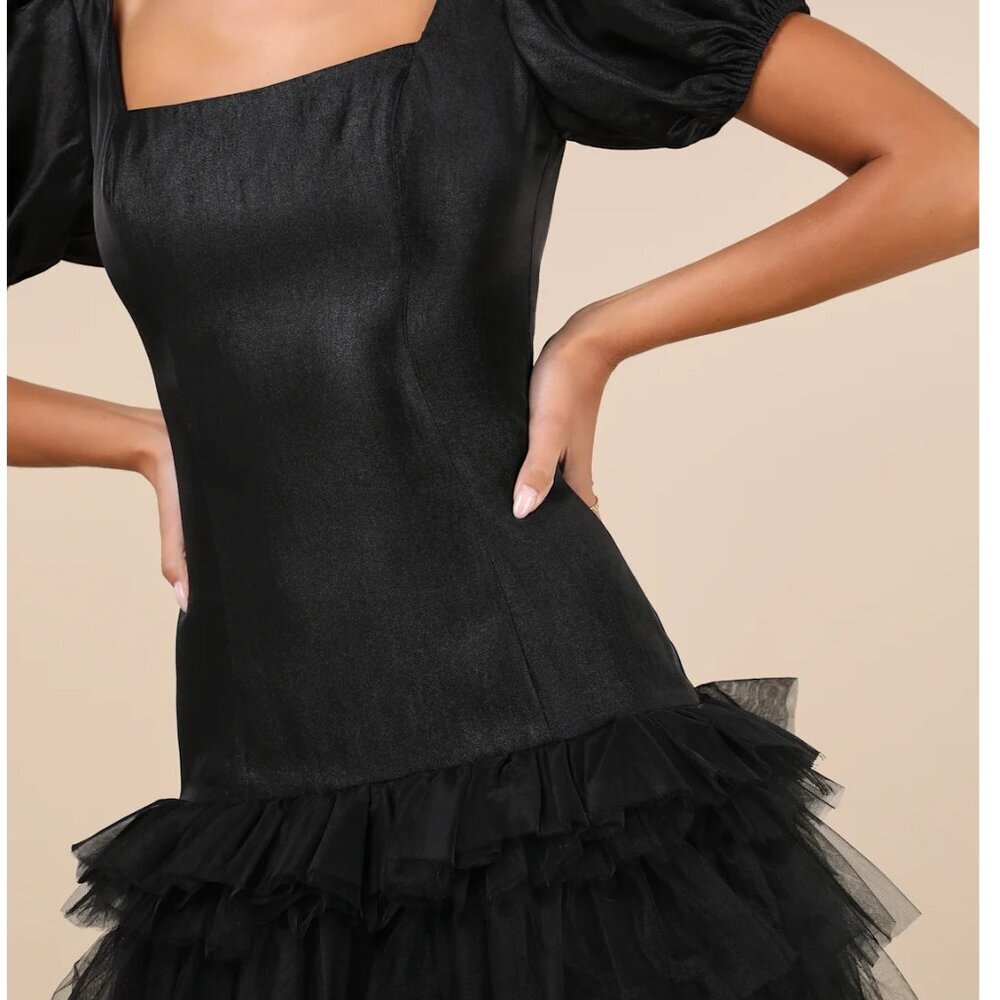 Lulus Notably Fabulous Black Taffeta Tiered Puff Sleeve Mini Dress - Size XS - Picture 3 of 5